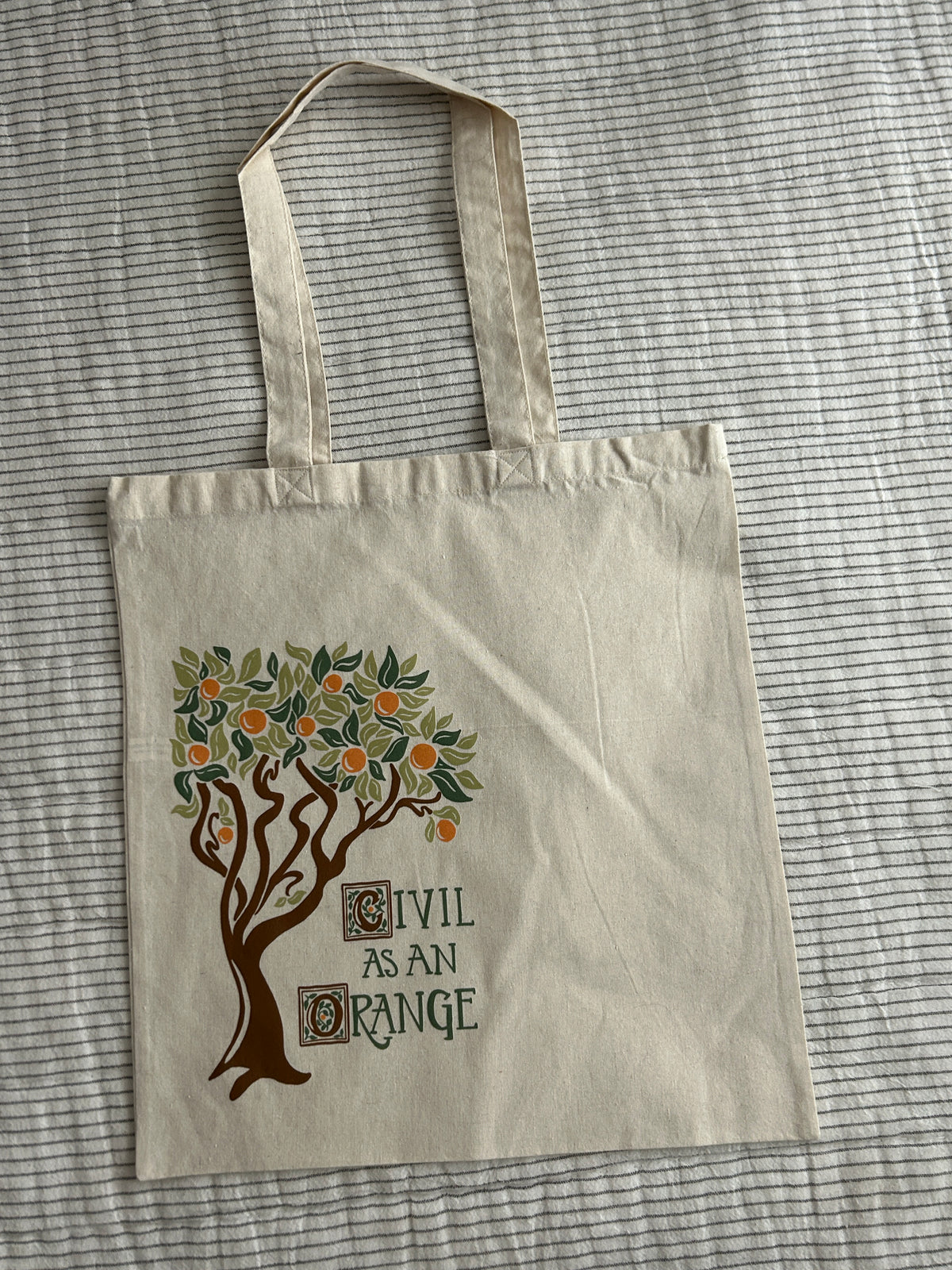Civil As an Orange Shakespeare Tote Bag / Canvas Tote / Orange Tree block print