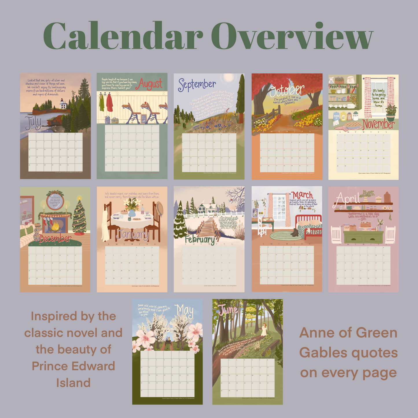 Anne of Green Gables ACADEMIC Wall Calendar / 2026-2027 / Literary Quotes and Gouache Illustrations