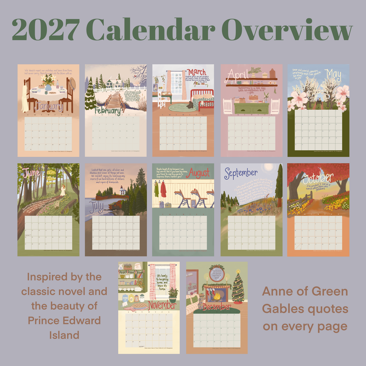 2027 Anne of Green Gables Wall calendar / Anne quotes and original gouache illustrations / Prince Edward Island