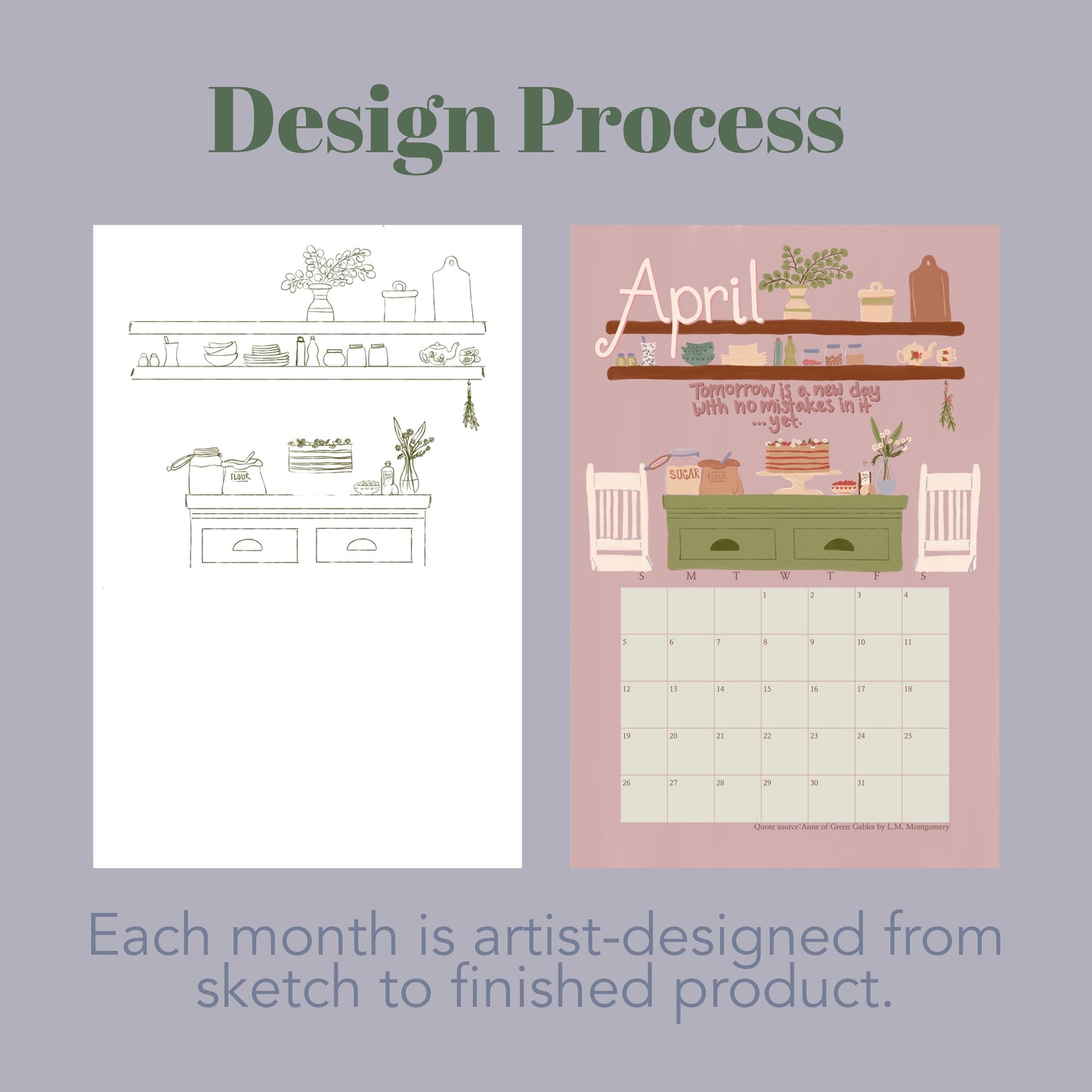 2026 Anne of Green Gables Wall calendar / Literary Quote Calendar with Gouache Illustrations | Classic Book Art Gift for Readers