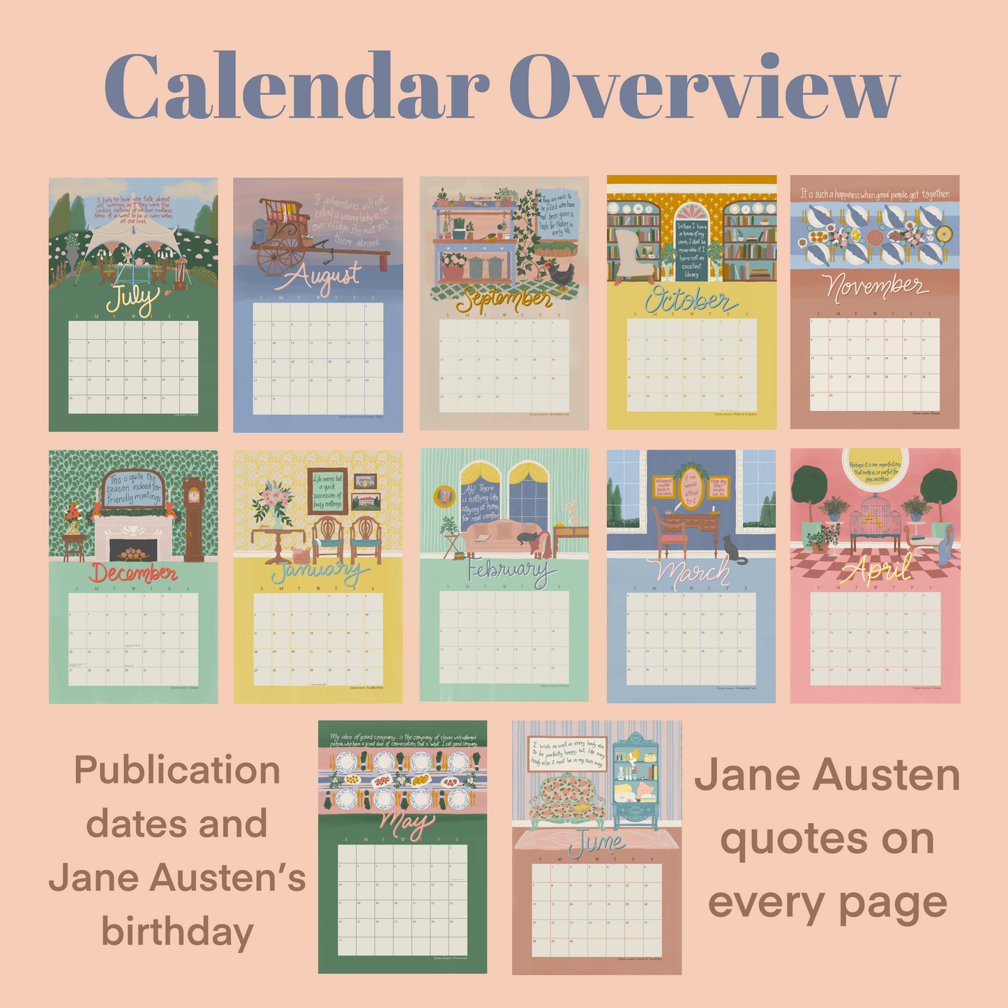 Jane Austen ACADEMIC Wall calendars 2026 - 2027 / Gouache illustrations