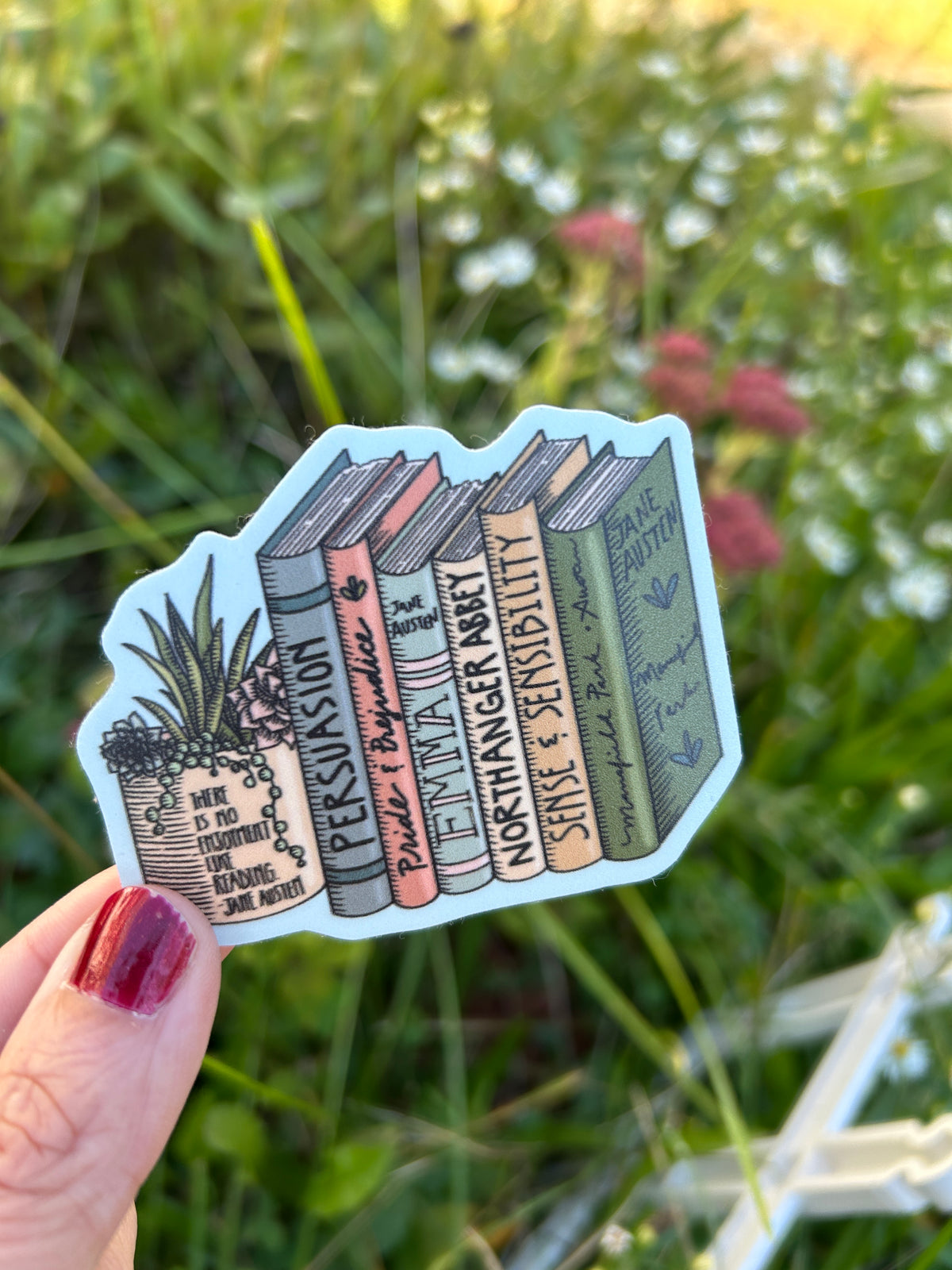 Jane Austen Book Stack vinyl sticker / 2.5” “There is no enjoyment like reading” quote