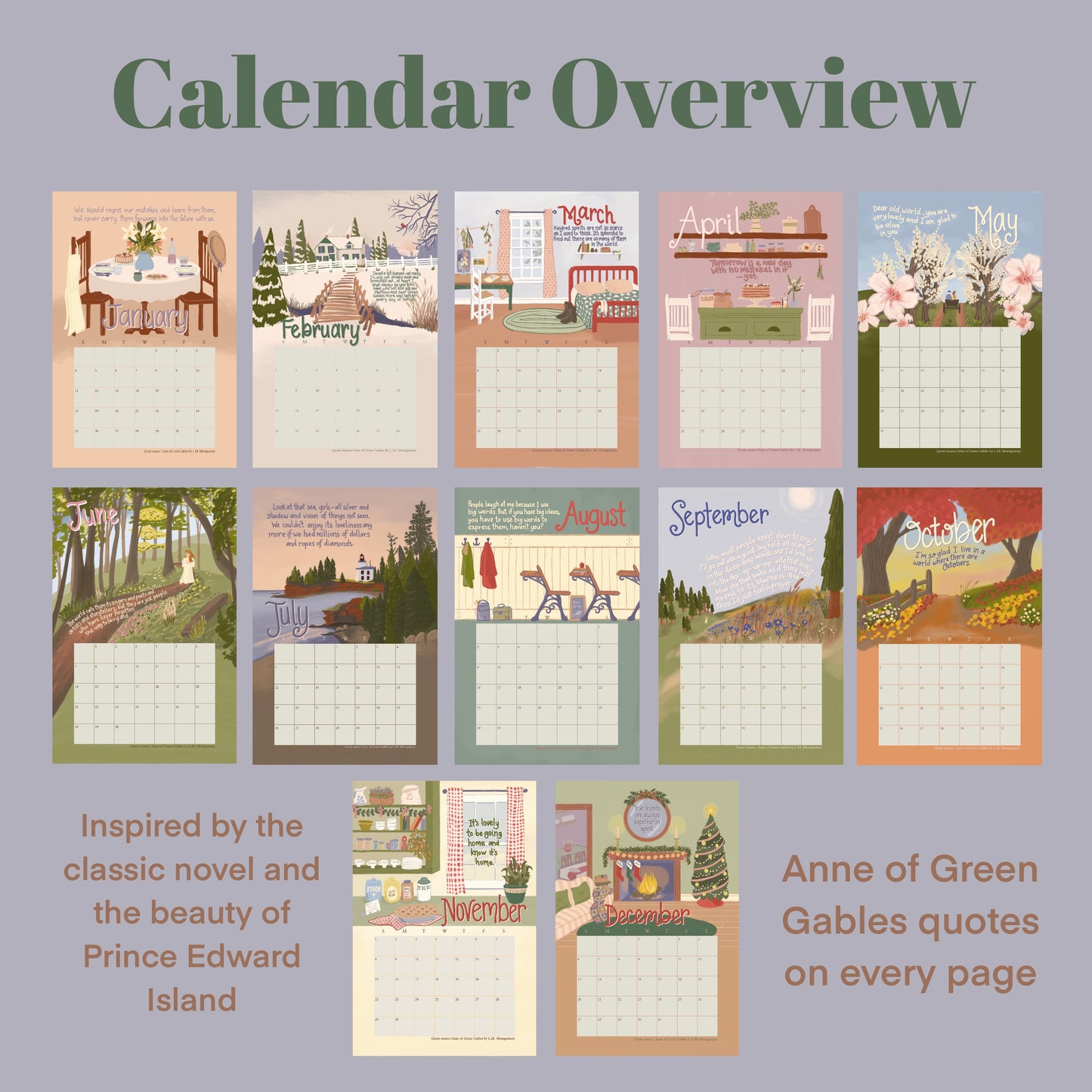 2026 Anne of Green Gables Wall calendar / Literary Quote Calendar with Gouache Illustrations | Classic Book Art Gift for Readers
