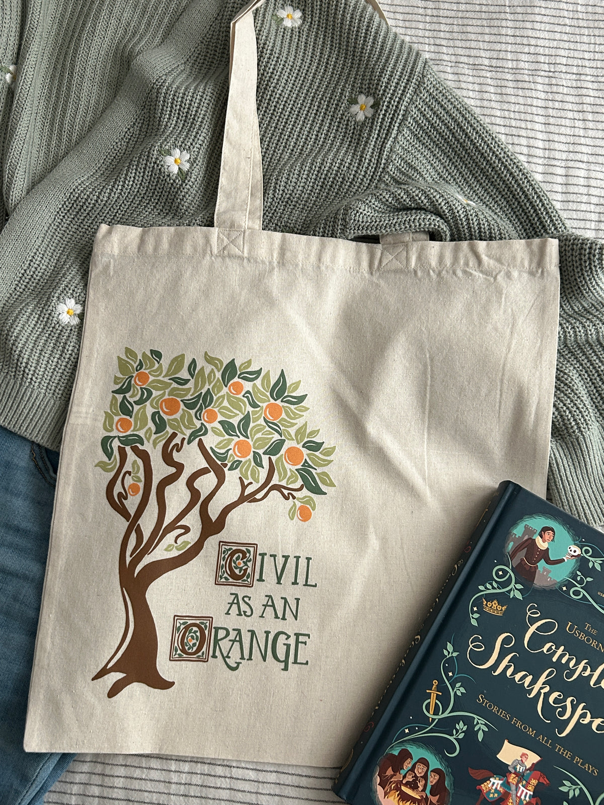 Civil As an Orange Shakespeare Tote Bag / Canvas Tote / Orange Tree block print