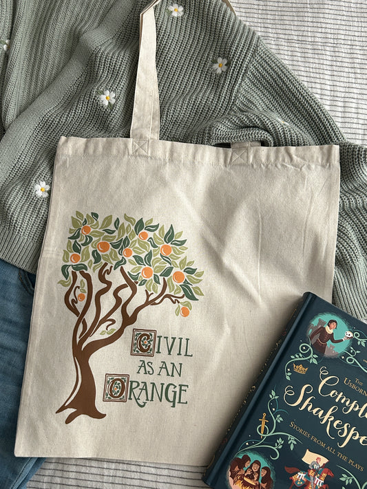 Civil As an Orange Shakespeare Tote Bag / Canvas Tote / Orange Tree block print